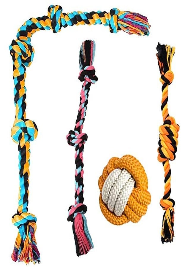 KittuPet مجموعة ألعاب مضغ حبل الكلاب المعقودة من KittuPet، مكونة من 4 قطع - كرة قطنية، حبل للكلاب بثلاث عقد، حبل للكلاب بخمس عقد، ولعبة حبل طويلة للكلاب والجراء (متعددة الألوان) - Image 1